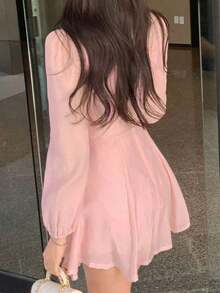 Vestido mini de manga larga con cuello redondo para mujer, de color rosa, vestido de verano para primavera/verano/otoño - Rosa - Ver 2