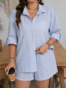 Embrisa Ropa de otoño para mujeres de talla grande, conjuntos de ropa escolar: camisa de rayas abierta al frente con mangas ajustables y conjunto de shorts para mujeres - Azul y blanco - Ver 5