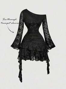 MOD Vestido asimétrico con volantes para mujer talla grande en color marrón oscuro, vestido marrón oscuro, vestido marrón café, vestido corto marrón, vestido, vestido de otoño/invierno, vestido de Navidad, vestido de Año Nuevo, vestido de Acción de Gracias, vestido de fiesta, disfraces de Navidad, vestidos de fiesta para mujer, vestido de fiesta de Navidad - Negro - Ver 7
