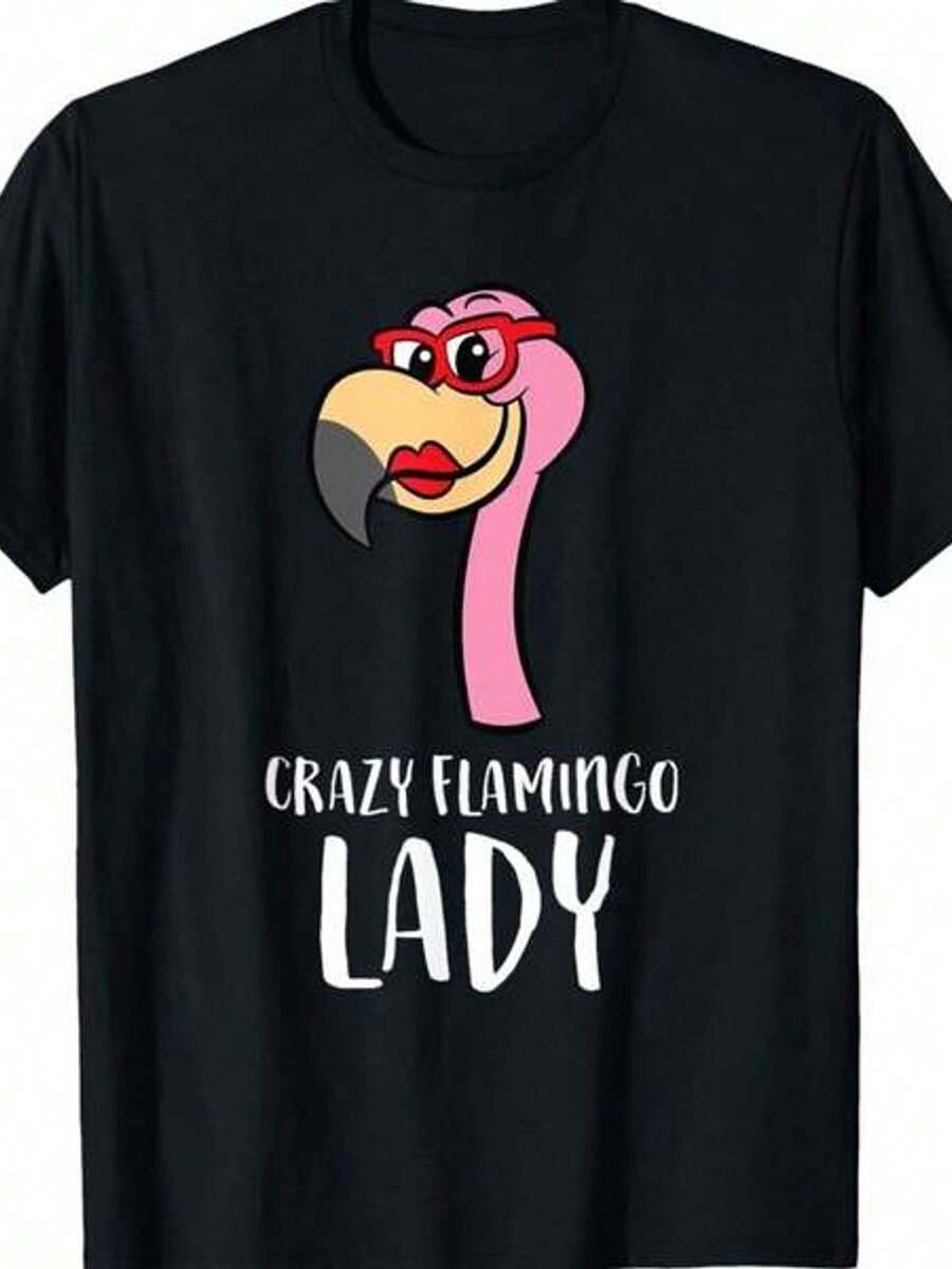 Crazy Flamingo Lady T-Shirt.*J*PG220g M-En's Cotton T-Shirt - ID-Eal For Wearing Under A SweaT-ShirT-Suitable For All People, Whether WoM-En Or M-Enhigh-Quality Durable Fabric Suitable For All Seasons,Ft To The Touch But Built To LastBreathabletops WoM.En Fall OutfiT.S For WoM.En VaC.Ation OutfiT.S WoM.En Halloween Costume - 黑色 - 查看 1