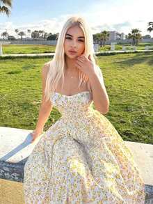 Vestido casual de tirantes tipo sundress de flujo con estampado floral minimalista en amarillo para primavera y verano - Multicolor - Ver 3