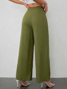 Pantalones de Pierna Ancha de Cintura Alta con Textura para Mujer, Estilo Casual y Sencillo, para la Temporada de Regreso a Clases y Uso Diario - Verde Oliva - Ver 2
