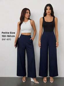 Pantalones anchos de cintura alta con textura, moda casual sencilla para la temporada de vuelta al colegio, estilo de dinero viejo para ir y venir - Azul marino - Ver 10