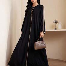 Women's Casual Arabic Style Long Sleeve Round Neck Button Design Dress - Multicolor - Ver 2