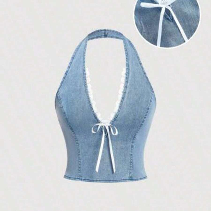 MOD Women Summer Front Tie Denim Halter Crop Top,Cute Halterneck Lace Bow Tight,Summer,Vacation,Off The Shoulder Top,Crop Tops Women,Going Out Tops Women,Birthday,Halter Tops,Vintage Tops,Cute Shirts,Hawaii,Birthday,Going Out Tops,Y2k Top - Lavado ligero - Ver 1