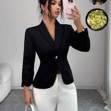 Elenzya Elegant Rose Gold Metal Button Waist Cinched Shawl Neck Black Long Sleeve Women Thin Blazer - Negro - Ver 1