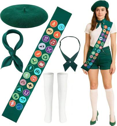 Purple Star 5 Pcs Halloween Scout Costume Set For Women Girls, Scouts Cosplay Costume Accessories, Green Scout Sash Scarf Beret Hat Bowtie Socks Outfit For Halloween Role Play Dress Up Party