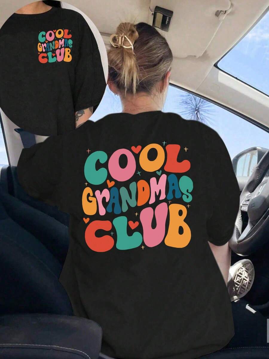 CLUB DE LAS ABUELAS GENIALES| Camiseta Casual para Mujer con Estampado de Corazón Rojo en la Parte Delantera y Trasera, Manga Corta, Cuello Redondo, para Primavera/Verano/Otoño, Estilo Y2k - Negro - Ver 1