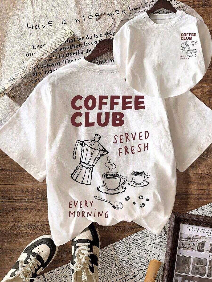Coffee Club Summer para Mujer, Playa para Mujer, Blusas Casuales para Mujer, Camiseta Casual de Manga Corta con Cuello Redondo para Mujer - Blanco - Ver 1