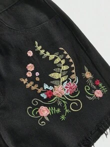 Fairycore Shorts vaqueros de mujer con bordado floral y bajo deshilachado, para la escuela - Negro - Ver 4
