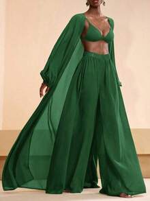 Conjunto de bata plisada de unicolor y pantalones de pierna ancha para mujer, conjunto informal de vestir para vacaciones - Verde - Ver 7