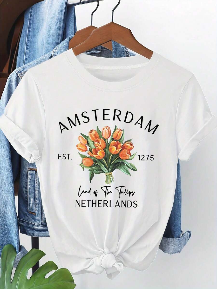 Camiseta Casual de Verano para Mujer - Tulip Country Países Bajos "AMSTERDAM EST." 1275 Land of The Tulips PAÍSES BAJOS" Camiseta estampada con diseño de tulipanes de Amsterdam para mujer, camiseta casual de manga corta y cuello redondo para primavera/verano, adecuada para uso diario informal, regalos navideños, compras y salidas, camiseta elegante y a la moda. - Blanco - Ver 1