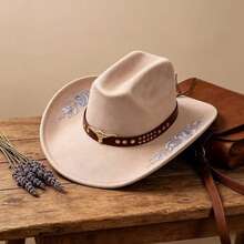 Women Men Embroidery Cowgirl Hat Wide Brim Cattle Head Belted Wool Hat Felt Jazz Cap For Party - 駝色 - 查看 1