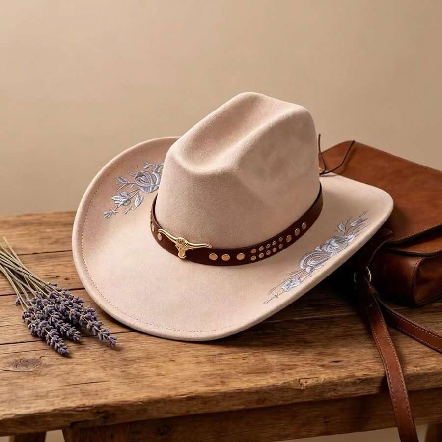 Women Men Embroidery Cowgirl Hat Wide Brim Cattle Head Belted Wool Hat Felt Jazz Cap For Party - 駝色 - 查看 1