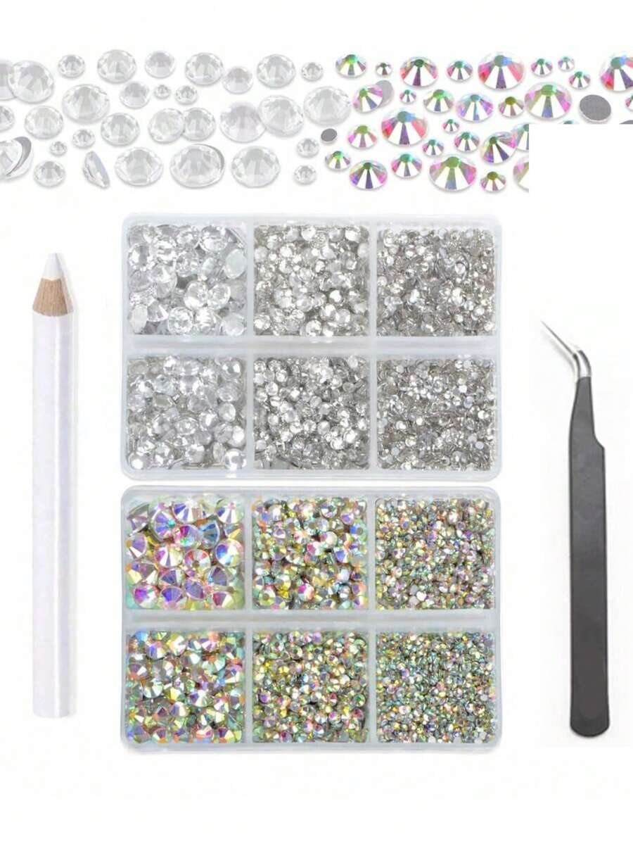6000 Pieces Clear AB Non Hotfix Rhinestones 3 Sizes Round Crystal Glass Flat Back Rhinestones With Tweezers And Picking Pen For Nail Art Crafts Clothes Bags DIY - Baby Pink - View 1