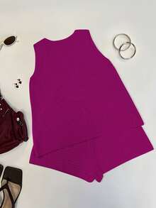 Women's Knit Sexy Top And Shorts Set, Suitable For Daily Wear, Vacation, Japanese Style - Hot Pink - View 3
