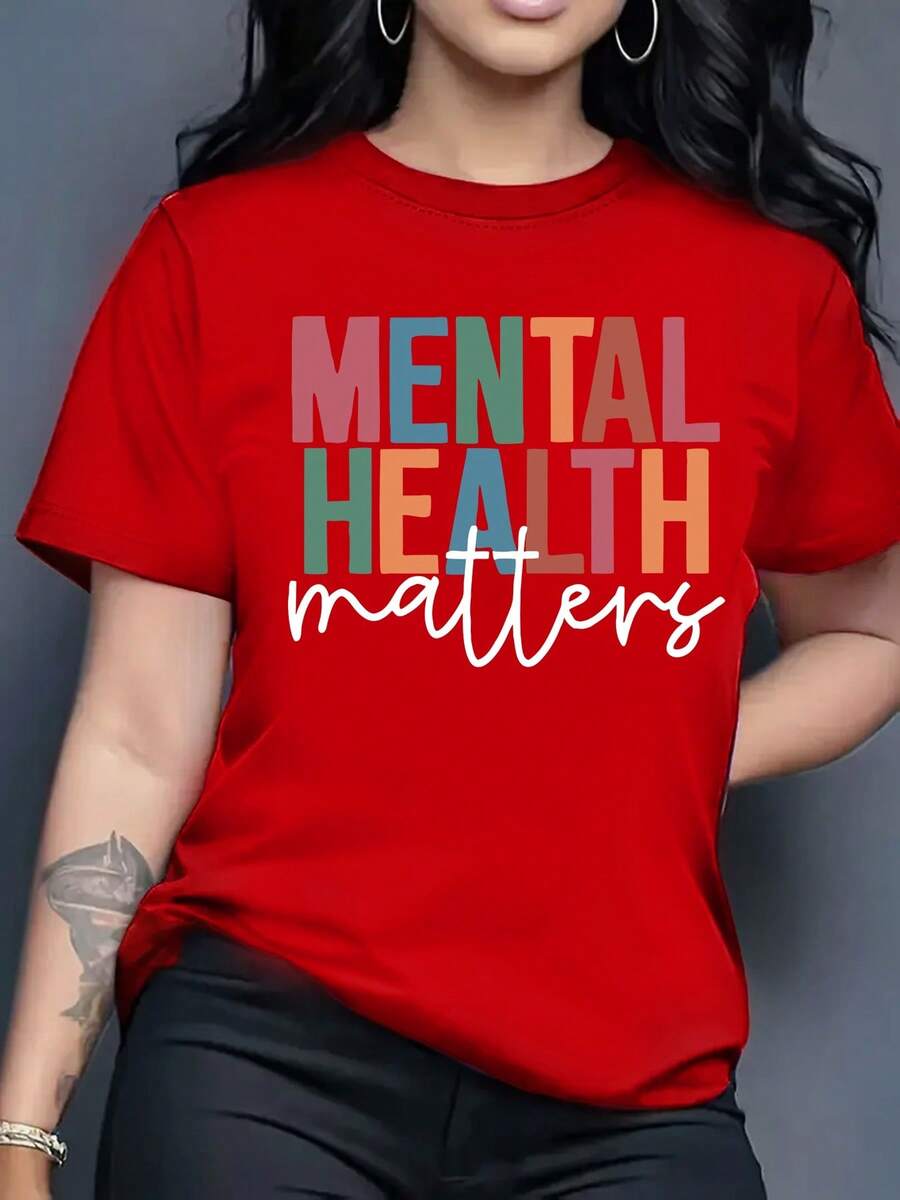 Printed T-Shirt With Mental Health Theme, Casual Short-Sleeved Round Neck Top, Women's Clothing For All Seasons - Unisex Loose Cotton Short-Sleeved Round Neck Urban Vintage Style T-Shirt. - 紅色 - 查看 1