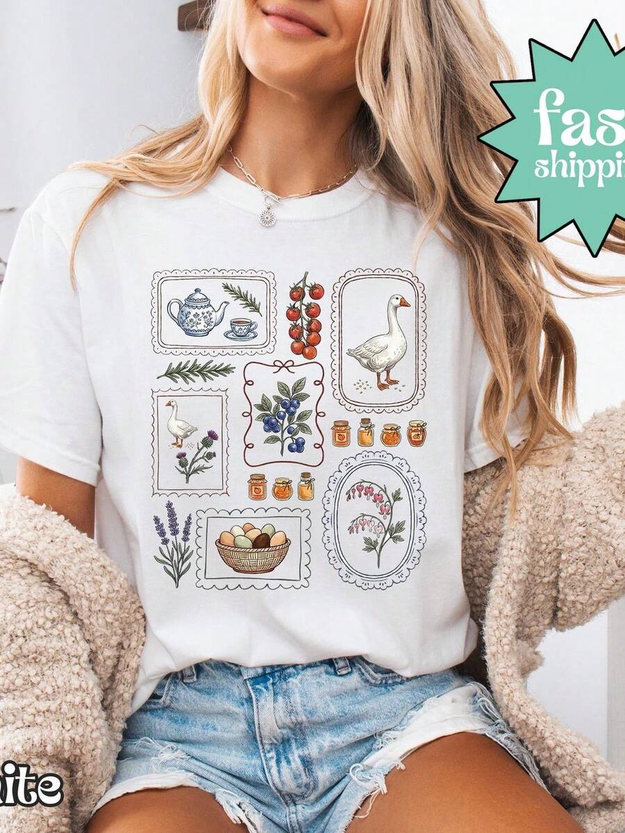 Camiseta CottagE1core, Camiseta Goose, Camiseta de Jardinería, Camiseta de Primavera/Verano, Regalo para Ella, Regalo para el Día de la Madre, Camiseta para Amantes de las Plantas. Camiseta unisex de algodón puro de 220 g. Peso ideal para todas las estaciones, apta para hombres y mujeres. Tejido duradero de alta calidad, suave al tacto y de larga duración. Parte superior transpirable. Adecuada para la primavera y el verano de las mujeres, vacaciones, Día de la Madre, Día de la Independencia. - Blanco - Ver 1