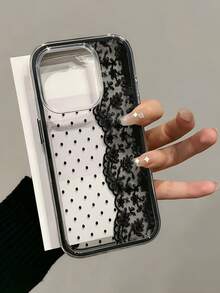 1pc Lace Polka Dot Pattern Dual-Tone Black Shockproof Phone Case, TPU Material, Suitable As Holiday Gift, Compatible With Apple 11 12 13 14 15 16 Pro/Pro Max/14 15 16 Plus/17, Unisex - Multicolor - View 1