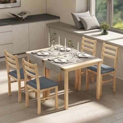 3-Piece Dining Table Set With 2 Chairs, Kitchen Table For Compact Spaces, Upholstered Chairs, Space-Saving, MDF, Natural Wood - Khaki - View 1