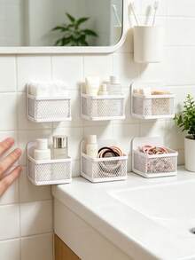 1 Stück weiße wandmontierte Mesh-Aufbewahrungsbox ohne Bohren, perforierte Mesh-Ablauf- und atmungsaktive wandmontierte Aufbewahrungsbox, zum Aufbewahren von Gewürzpäckchen, Teebeuteln, Kaffeebeuteln und kleinen Artikeln, modisch, einfach und platzsparend, für Kühlschränke, Badezimmer, Schminktische, Büros und Klassenzimmer - Weiss - Übersicht 2