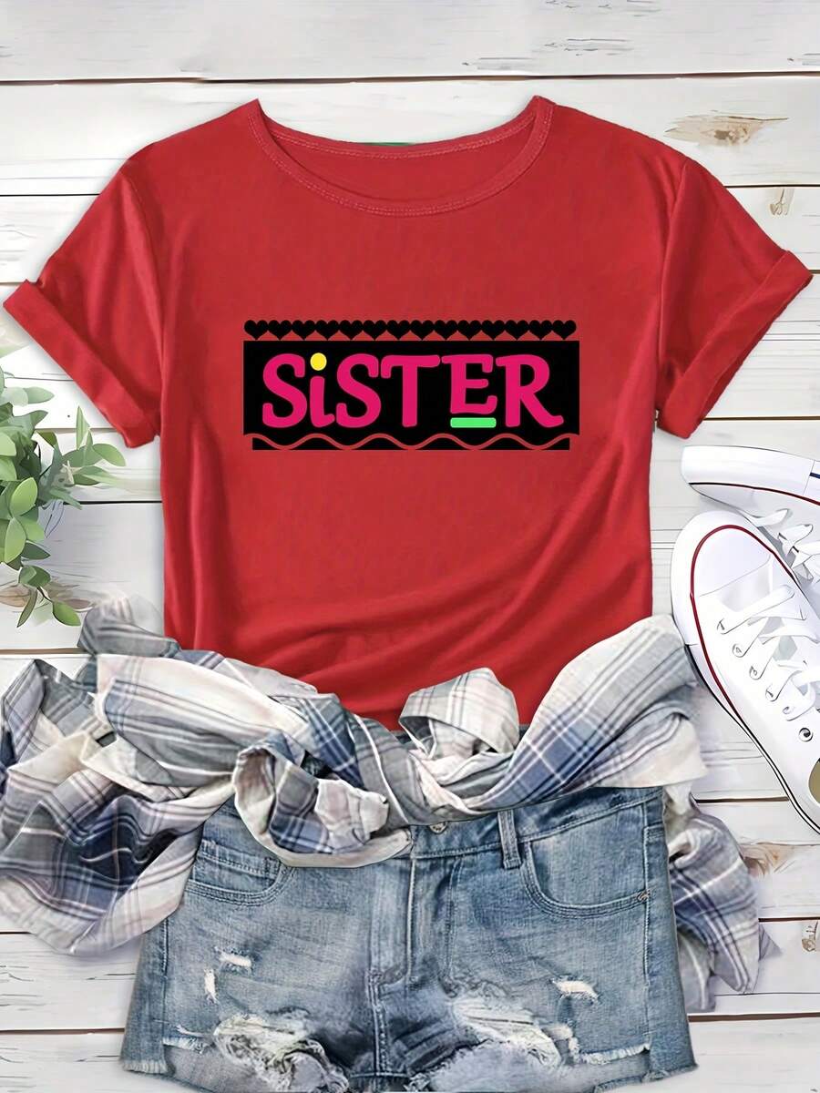 Camiseta Deportiva TeeSister con Estampado de Letras y Cuello Redondo, Top Casual Holgado de Manga Corta, Ropa Deportiva para Mujer, Camiseta de Manga Corta 100% Algodón - Rojo - Ver 1