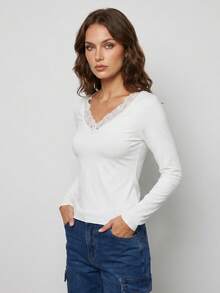 Womens Long Sleeve Shirts Lace V Neck T Shirts Fitted Going Out Tops Casual Spring Fall Outfits - White - View 3