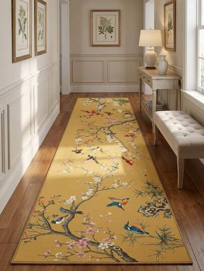 1pc Washable Warm Yellow Floral & Bird Pattern Runner Rug, Luxury Classical Corridor/Entryway Atmosphere Rug, Doormat, Small Rug, Welcome Mat, Carpet, Floor Mat, Outdoor Doormat, Kitchen Rug, Home Decor, Front Door Mat, Area Small Rug, Outdoor Mat, Home Decor, Area Rug, Garden Rug, Washable Rug