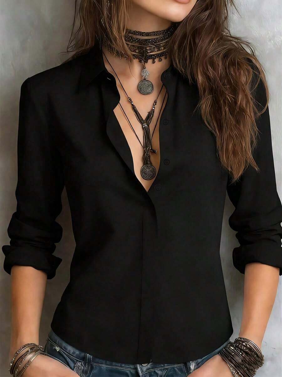 1 pieza Blusa elegante de unicolor de diseño de doble capa de poliéster para mujer, adecuada para vacaciones, uso diario, oficina y uso en el hogar en primavera/verano, color negro - Negro - Ver 1