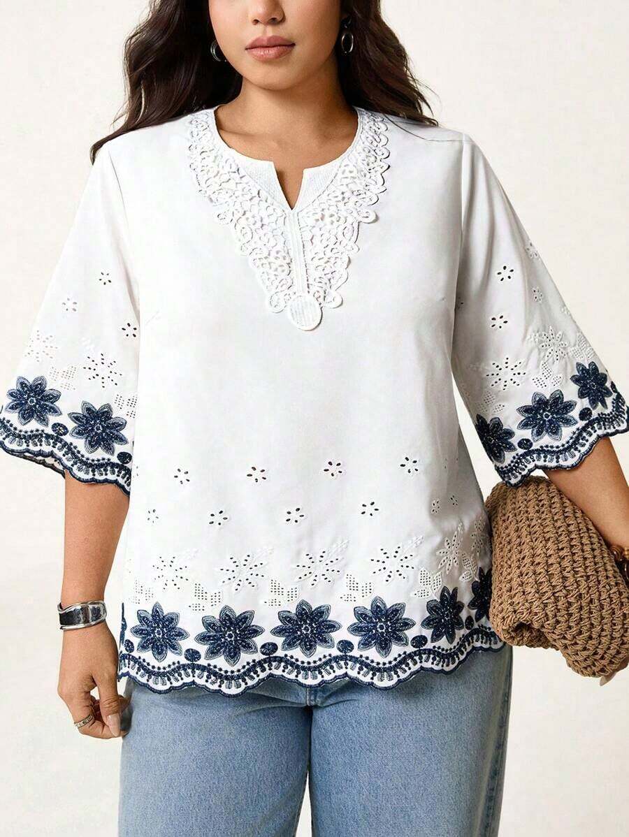 Blusa de verano de talla grande, de unicolor, hueca, bordada, casual, para vacaciones, temporada de bodas, nuevo diseño de playa para mujer - Azul y blanco - Ver 1