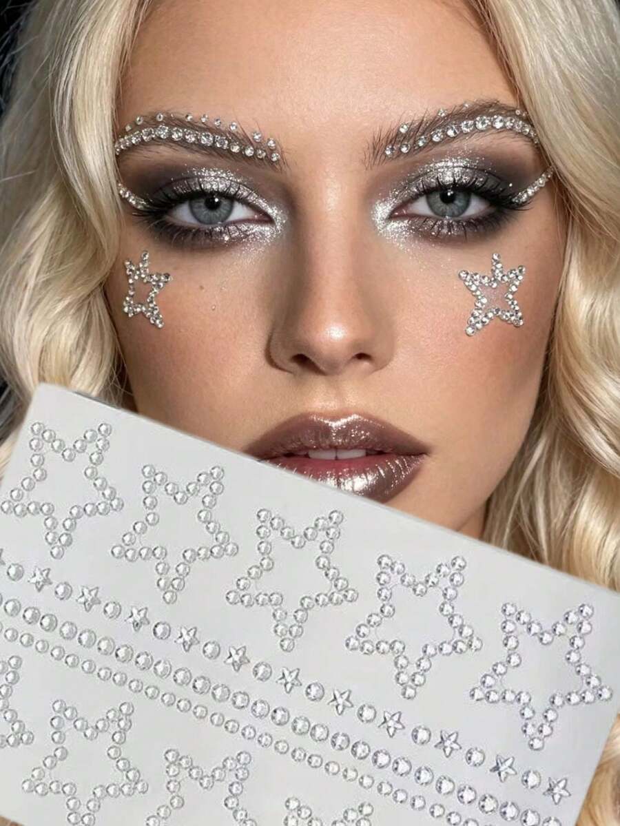 1pc European And American Style Hollow Star Face Rhinestone Sticker, Glue-Free Self-Adhesive Rhinestone, Music Festival Party Makeup Accessory, Stage Eye Makeup Eyebrow Rhinestone Sticker, Easy To Remove Makeup Decoration - Multicolor - View 1