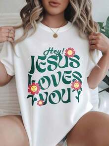Women's Vintage Style Short Sleeve Casual T-Shirt - Floral Design "Hey Jesus Loves You", Round Neck, Summer Top, Machine Washable, Ladies' T-Shirts, Casual Wear, Modern Style, Comfortable Fit

BlackFashion - 白色 - 查看 7