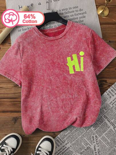 Áo thun nữ cỡ lớn cổ tròn bằng cotton, kiểu wash acid, in chữ HI, hoàn hảo cho trang phục hàng ngày mùa hè.
