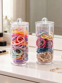 1/2pcs Acrylic Makeup Organizer Box, Removable Lid Cotton Pad Storage Jar, Convenient Opening For Easy Access, Makeup Sponge And Hair Accessory Holder, Jewelry Storage Container, Suitable For Bathroom, Bedroom Vanity, Home Decor - Multicolor - View 6