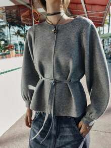 Elegant Belted Sweater, New Spring 2026 - Light Grey - View 2