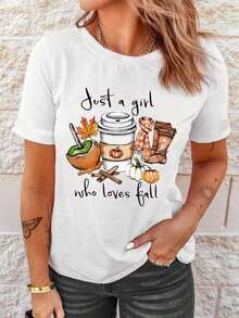 Camiseta de manga corta con cuello redondo y estampado de letras y calabaza para mujer - Blanco - Ver 4