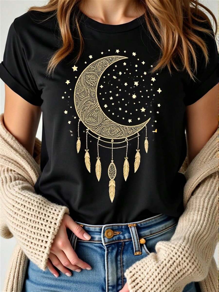 Women's Bohemian Style Pure Cotton T-Shirt With Moon And Stars Print - Featuring A Dreamcatcher And Crescent Moon Design, Casual Short-Sleeved Top With A Semi-Sheer Round Neck, 100% Comfortable For All Seasons, Suitable For Daily Wear And Themed Occasions - Machine Washable Bohemian Style T-Shirt, Spring Fashion, Whimsical Design, Soft Fabric, Printed Shirt, A Great Choice For Holiday Parties. - 黑色 - 查看 1