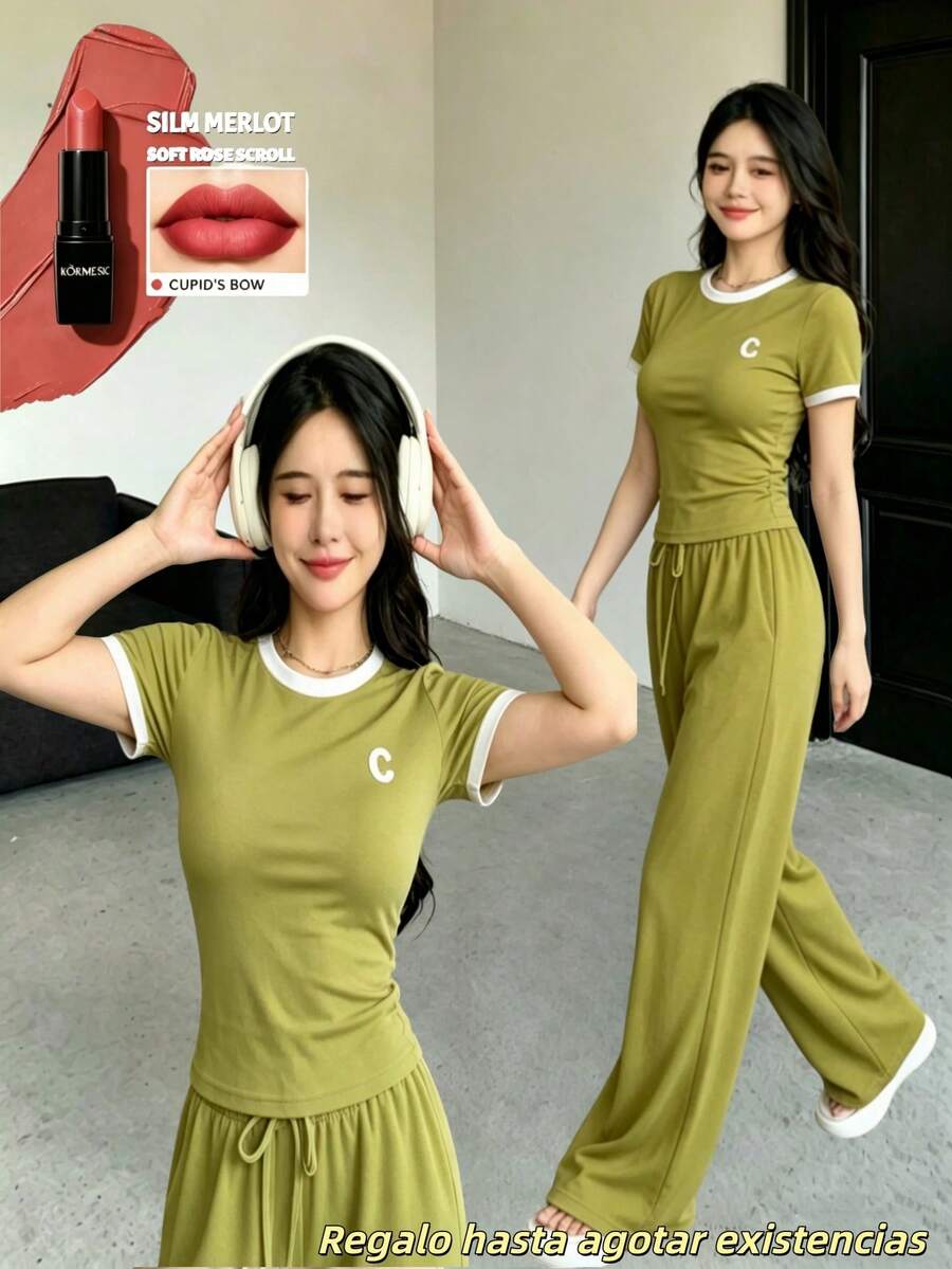 Regalo hasta agotar existencias, Set de 2 piezas de camiseta de cuello redondo holgada con estampado de letras y pantalones con cordón para mujer - Verde militar - Ver 1