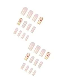 24片優雅中式風格壓克力美甲貼紙，白色指甲飾以粉色花朵與金色珠飾，附亮粉點綴，適合女性日常配戴、派對、母親節、畢業季、夏季 - 杏色 - 查看 2