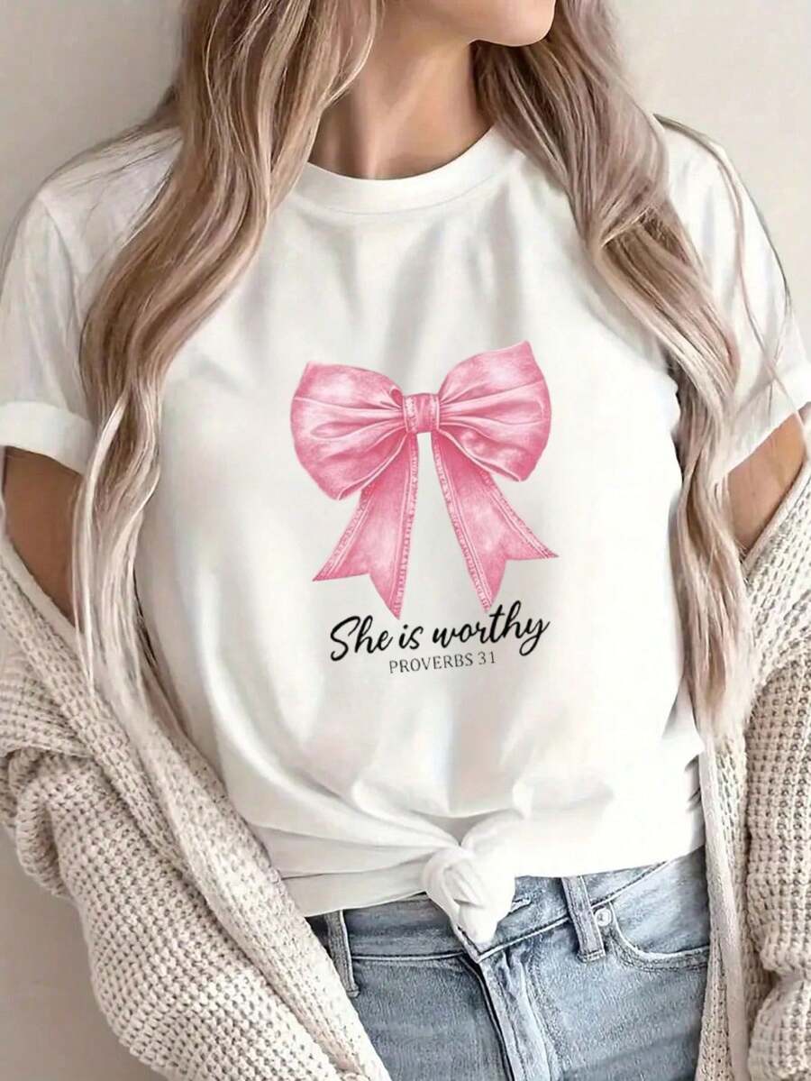 Playera nueva temporada primavera-verano para mujer, con estampado, manga corta y cuello redondo. Modelo básico, cómoda, fresca y ligera, estilo juvenil, moderno y casual. Diseño dulce y delicado, ideal para combinar en primavera y verano. - Blanco - Ver 1