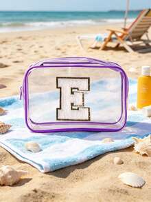 1pc Transparent PVC Portable Storage Bag With A-Z Letter Towel Embroidery Pattern, Large Capacity Cosmetic Organizer Box/Case, Waterproof Design With Zipper, Multifunctional Makeup Bag, Beauty Bag For Storing Lipsticks, Makeup Brushes, Skincare Products, Phones, Coins And Various Small Items, Suitable For Home And Vacation, Travel Essential, Ideal For Holiday Trips And Back To School - Multicolor - View 8