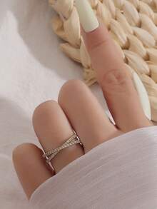 5pcs Elegant Cubic Zirconia Cross Open Copper Ring Set Suitable For Women Party Wear (Gift Box Not Included) - Yellow Gold - View 10