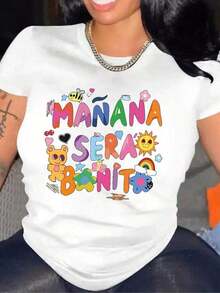 Camiseta de manga corta para mujer |   Enviado desde México |   Tela transpirable de alta calidad |   Camiseta holgada de manga corta para mujer, estampada en blanco y negro. Texto colorido con gráficos adorables. Top casual deportivo de cuello redondo. - Blanco - Ver 1
