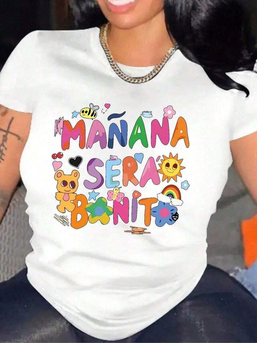 Camiseta de manga corta para mujer | Enviado desde México | Tela transpirable de alta calidad | Camiseta holgada de manga corta para mujer, estampada en blanco y negro. Texto colorido con gráficos adorables. Top casual deportivo de cuello redondo. - Blanco - Ver 1