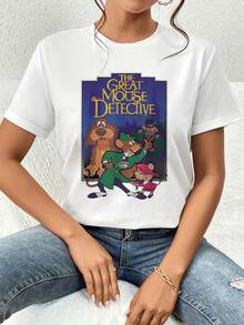 Ilustración colorida con ratones detectives y un perro ayudante resolviendo misterios en un ambiente victoriano con lupa y sombrero camiseta de mujer  casual cómoda y transpirable para uso diario - Blanco - Ver 1