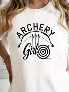 Women's Casual Archery Print T-Shirt - Short Sleeve Crew Neck T-Shirt With "ARCHERY" And Bow Print, Medium Stretch Fabric, Machine Washable, Comfortable Fit For All Seasons, Leisurewear, Adventurous Style, Non-See-Through Material, 100% Cotton, Durable - 白色 - 查看 7