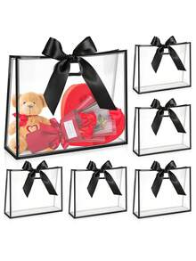 Reusable Transparent Plastic Gift Bags With Hollow Handles, Suitable For Mother's Day, Wedding, Graduation, Bridal Shower, Baby Shower, Decorated With Ribbons - Black - View 1