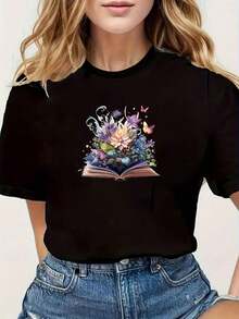 Camiseta de manga corta con estampado floral y de mariposas - Blusa casual de cuello redondo, corte regular en línea H, top lavable a máquina para primavera, verano y otoño, atuendo casual no cómodo para estilos que requieren sujeción (estilo adecuado para diseños de libros). - Negro - Ver 8
