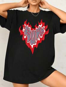 Minimalist. Burning Heart Surrounded By Red And White Flames That Convey Energy, Passion, And Strength. Women's T-Shirt, 100% Cotton, 220g. Women's Simple Solid Color T-Shirt, Loose And Slim Fit Casual Short Sleeve - 黑色 - 查看 12