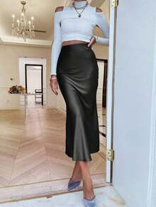 Sollinarry Falda larga de unicolor básica, corte slim, estilo casual de calle para uso diario, elegante en negro para verano y primavera - Negro - Ver 3